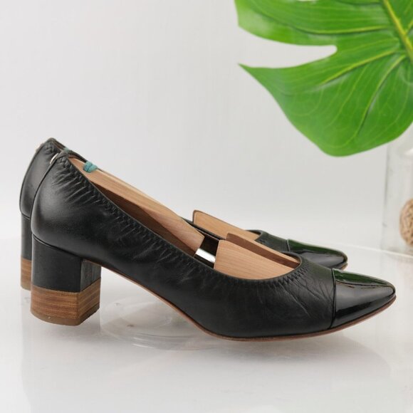 AGL Womens Pump Size 37 7 Black Leather Cap Toe Block Heel Elastic Trim Italy - Picture 5 of 12